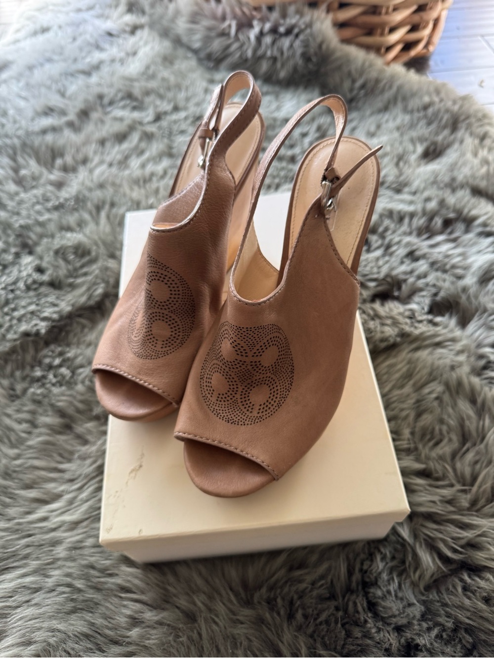 Coach Tan Open-Toe Slingback Wedge Sandals